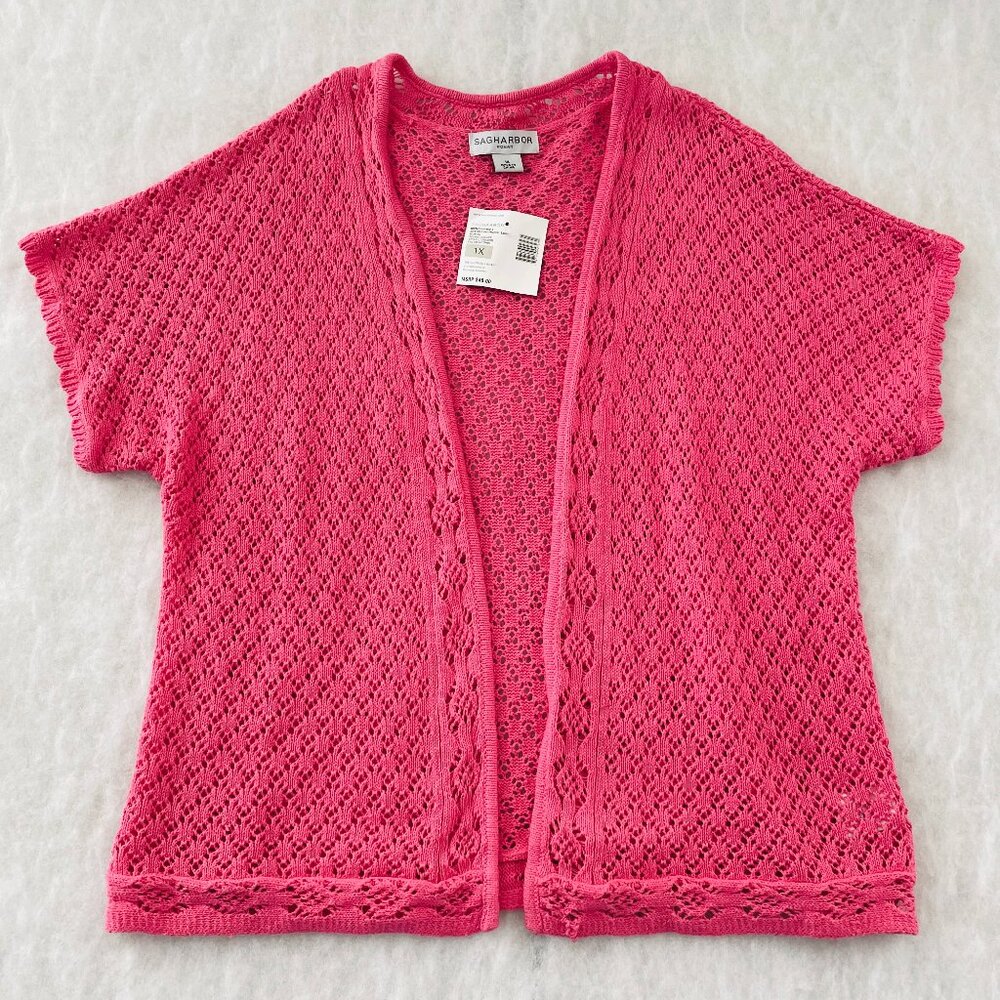 NWT Sag Harbor Womens Hot Pink Open Front Crochet Knit Cardigan Sweater Size 1X